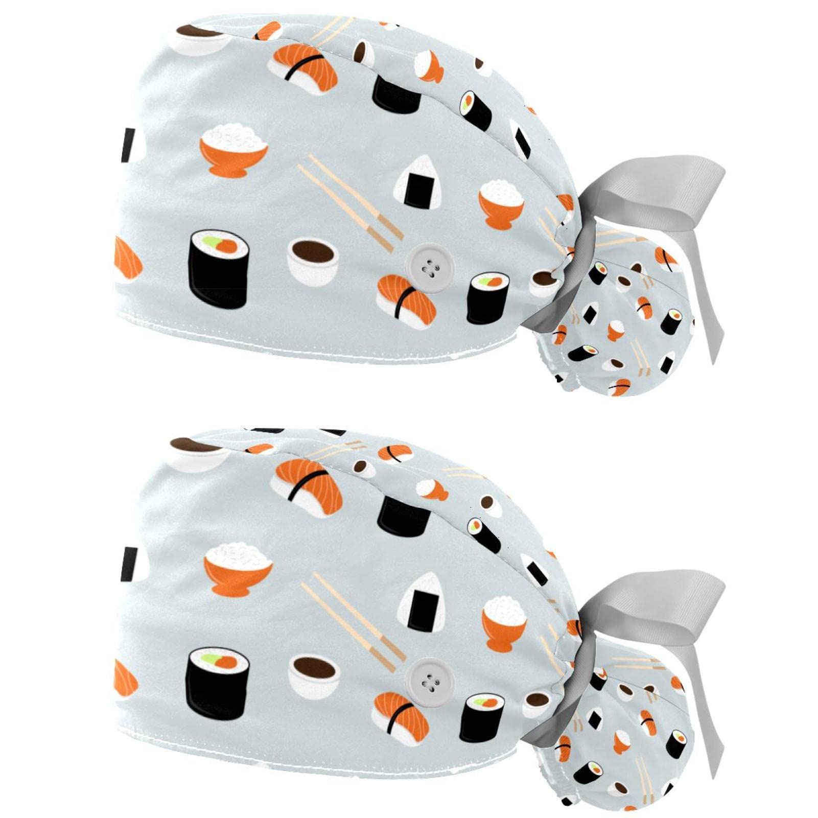 Cute Hand-Drawn Sushi Pattern Scrub Caps Hats Women Bouffant Working Hat Ponytail Holder for Women Long Hair Covers 2PCS