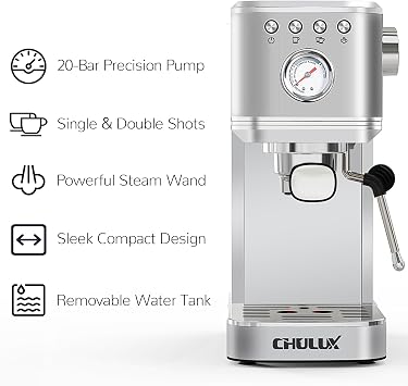 CHULUX Kompatto Espresso Machine 20 Bar with Milk Frother, Stainless Steel Automatic Espresso Coffee Machine for Home Latte & Cappuccino Maker, 40oz Removable Water Tank, 1350W