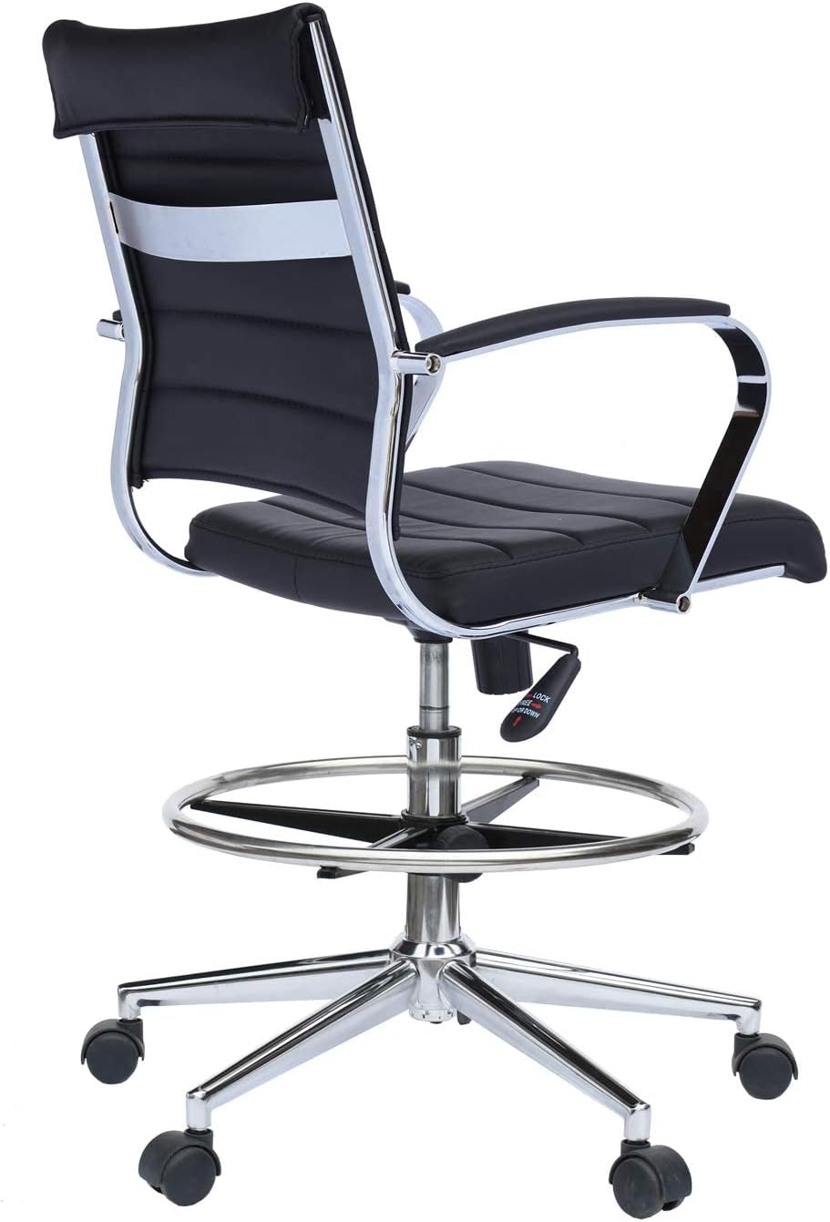 2xhome Modern Adjustable Ergonomic Office Drafting Chair PU Leather Cushion Seat with Arms Foot Rest Ribbed Computer Desk Chair Black, Single, Set of 1