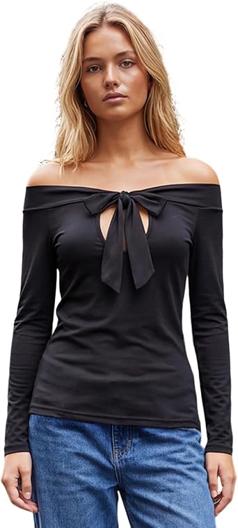 Womens Off-Shoulder Tops Trendy Multi-Way Cutout Halter Neck Long Sleeve Shirts for Going Out Streetwear
