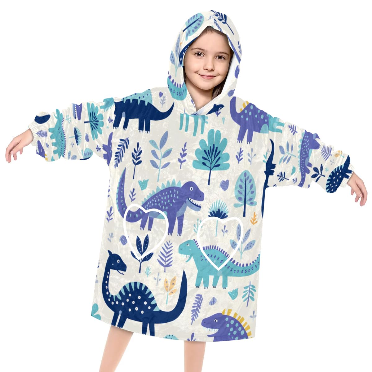Pardick Wearable Blanket Hoodie for Kids, Colorful Dinosaurs Fleece Sweatshirt Blanket Oversized Blanket Sweatshirt with Pocket Flannel Warm Hooded Blanket 6-10 Year Old Girl Boy Gift, One Size