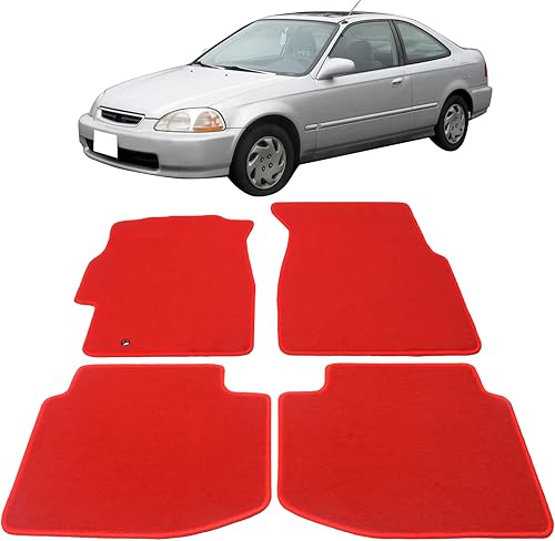 Miniatura 2 de IKON MOTORSPORTS, Alfombrilla de suelo compatible con Honda Civic 1996-2000, ajuste de fábrica, de nailon rojo, parte delantera y trasera,