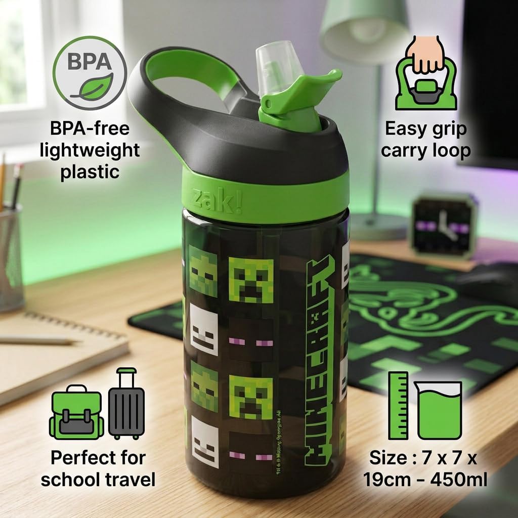 Minecraft Atlantic All Mob Heads Drinks Bottle | Eco Freindly BPA-free Plastic School Water Bottle with Removable straw, spills Proof | fan | Officially Merch 450ML