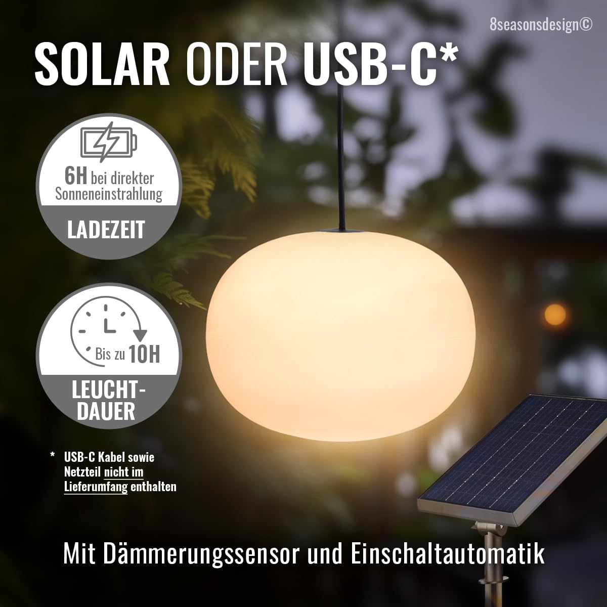 Solar LED Akku Hängelampe 23cm warmweiß dimmbar Timer Fernbedienung USB USB-C für außen innen