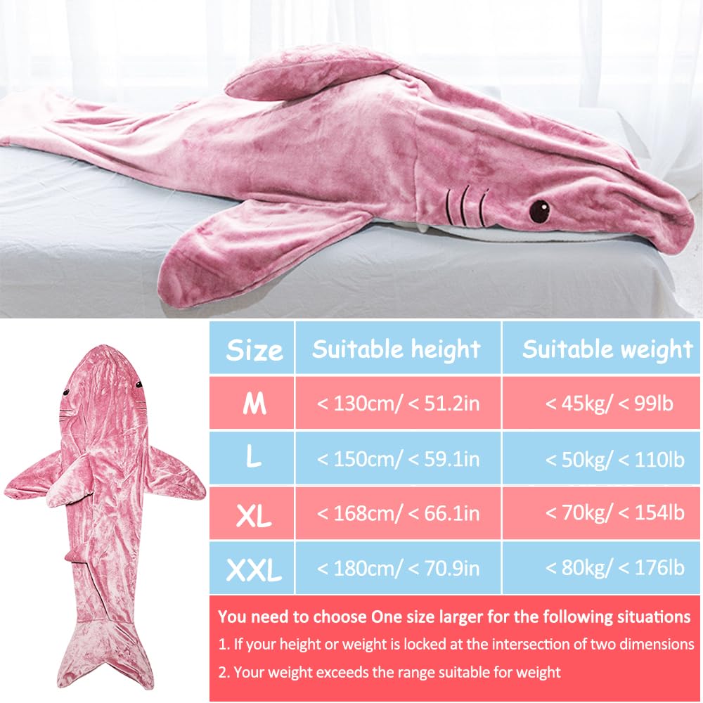 Manta de Tiburón con Capucha, Manta de Tiburón Onesie Saco de Dormir, Suave Franela Tiburón Manta con Capucha, Wearable Cola de Tiburón Onesie Manta (L(67 * 27,5in), Rosa)
