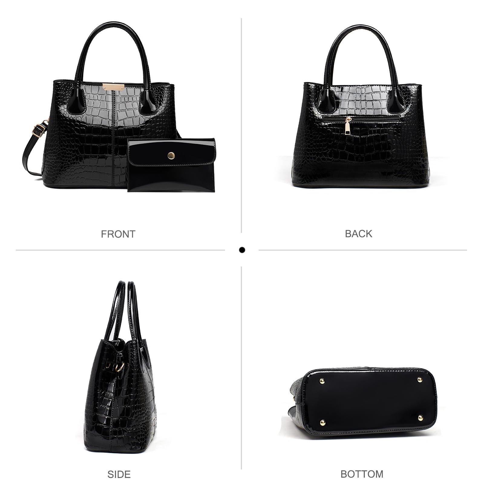 NICOLE & DORIS Bolso de Mano Mujer Bolso con Monedero Bolsos de Cocodrilo Bolso Bandolera Charol Bolso de Hombro para Viajes Compras Trabajo Negro