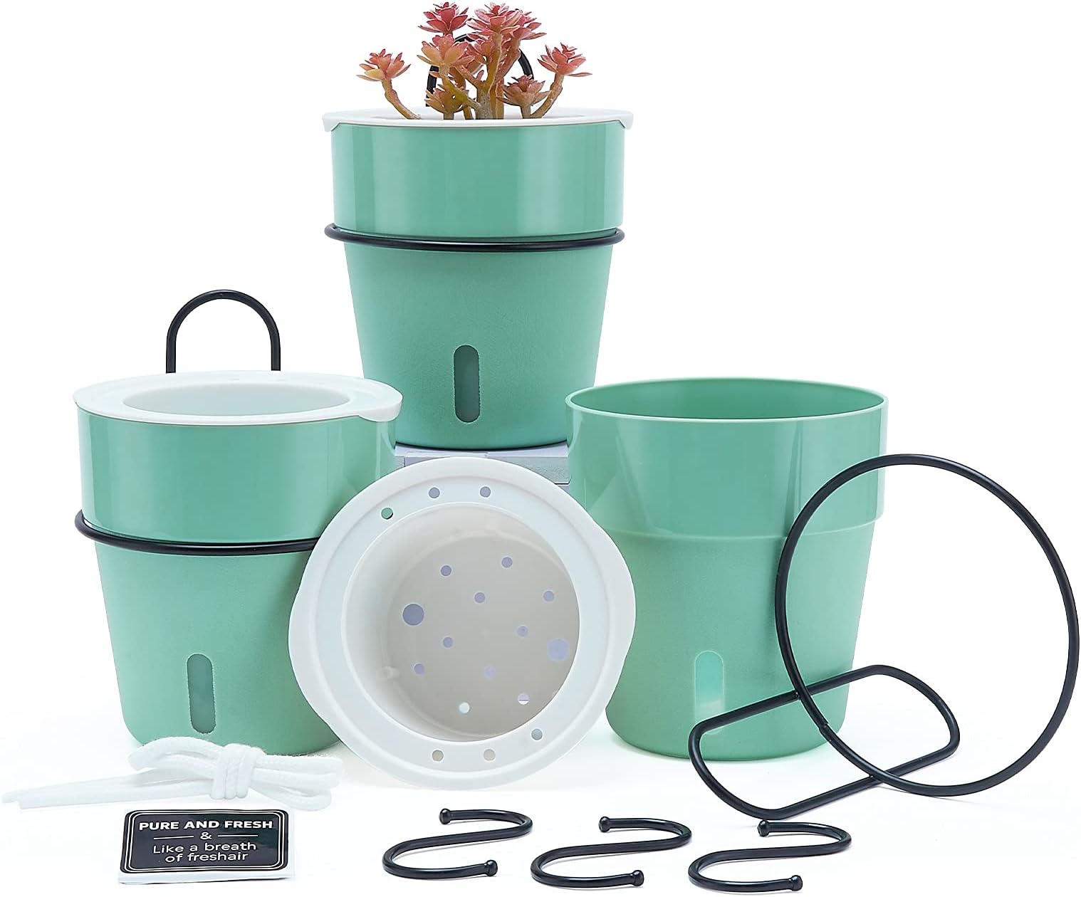 Idyllize 3 Pack of 4 inches Visible Self Watering Planter Pot, Indoor Outdoor Flower Plant Pot with Wall Mounted Holder and Hook, Green