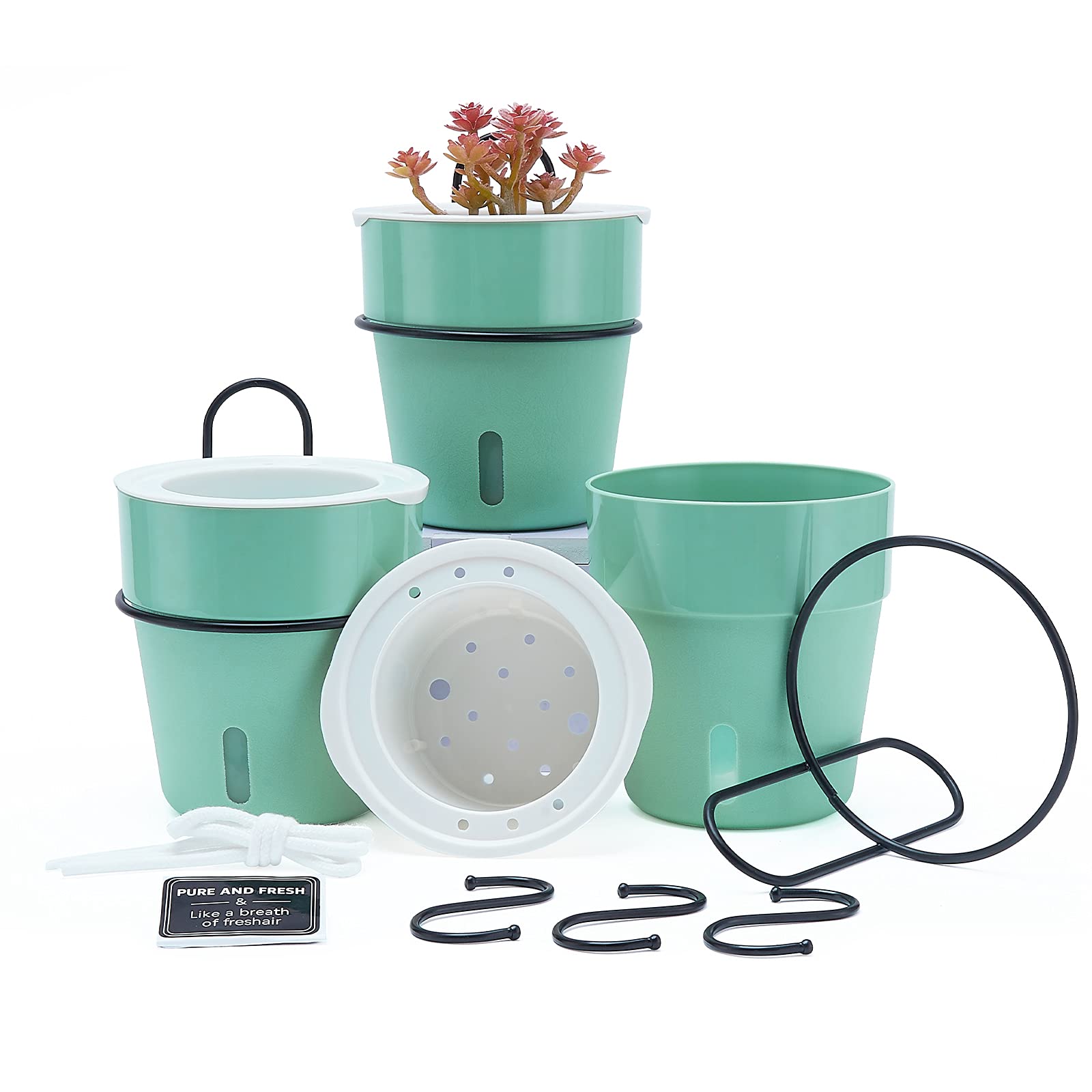 Idyllize 3 Pack of 4 inches Visible Self Watering Planter Pot, Indoor Outdoor Flower Plant Pot with Wall Mounted Holder and Hook, Green