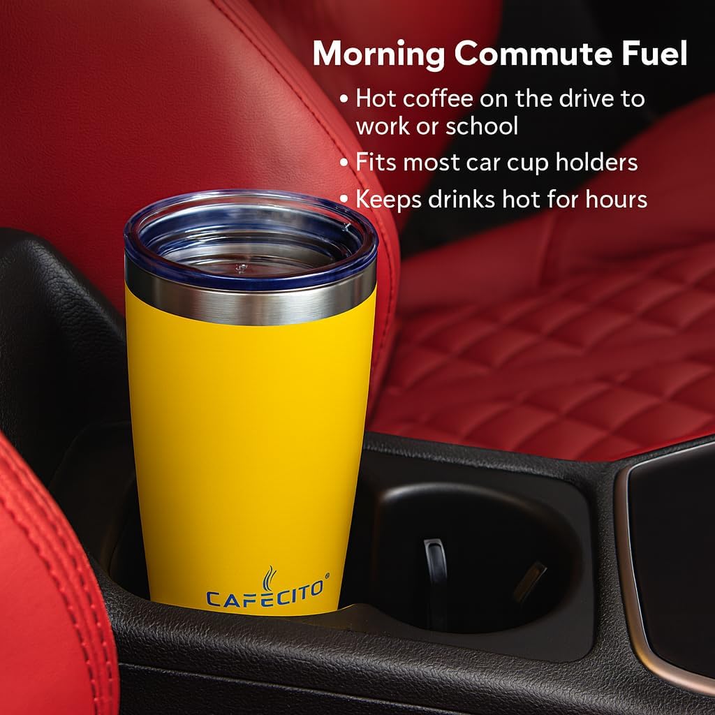CAFECITO® 20 oz Stainless Steel Vacuum Insulated Tumbler with slider Lid – Double Wall Travel Mug for Hot & Cold Drinks – BPA-Free, No-Sweat Design – Fits Cup Holders – Miami Yellow