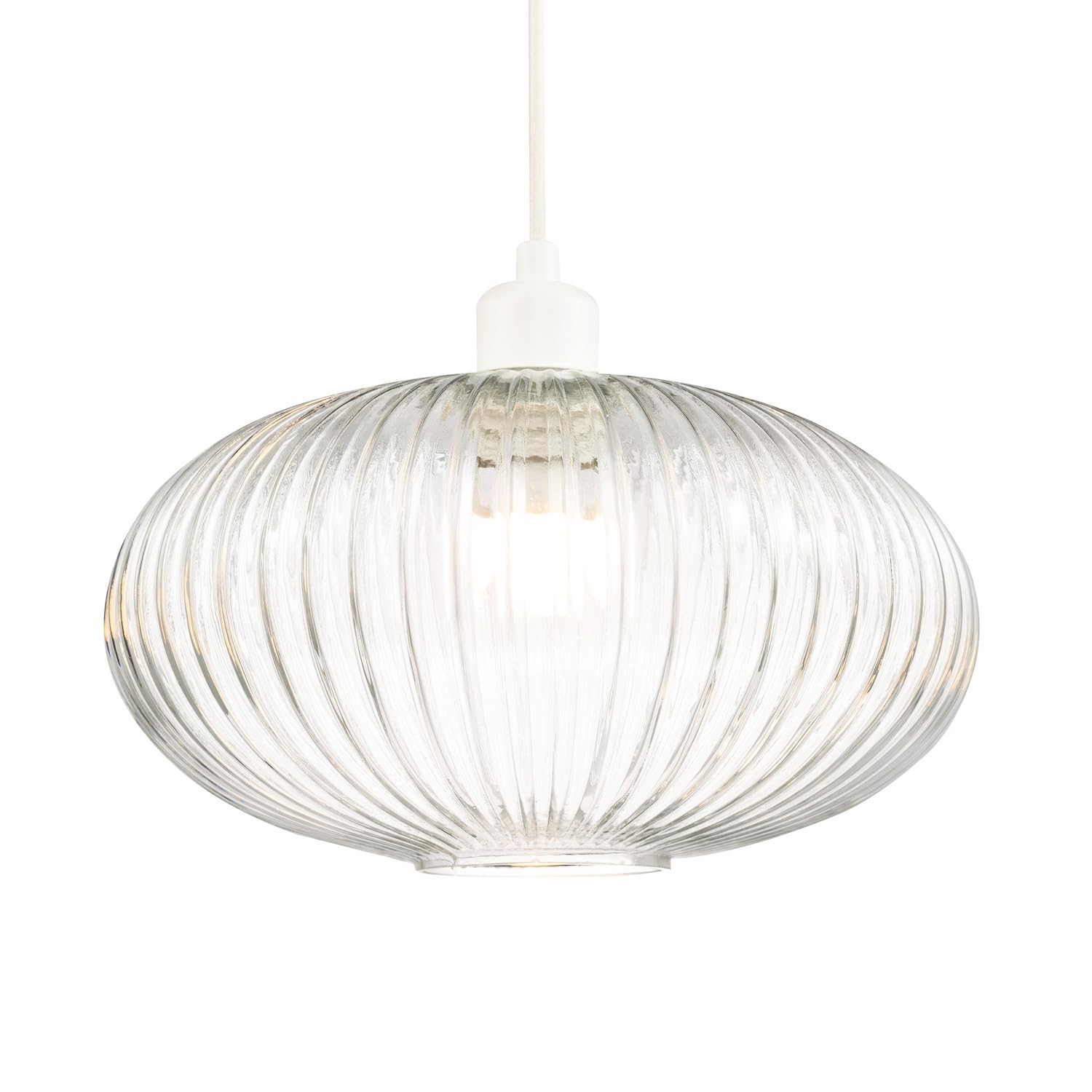 Happy Homewares Transparent Modern Designer Clear Line Ribbed Glass Oval Pendant Lamp Shade | 30Cm X 17Cm | For Kitchen Island Living Room Bedroom Dining Room Etc By