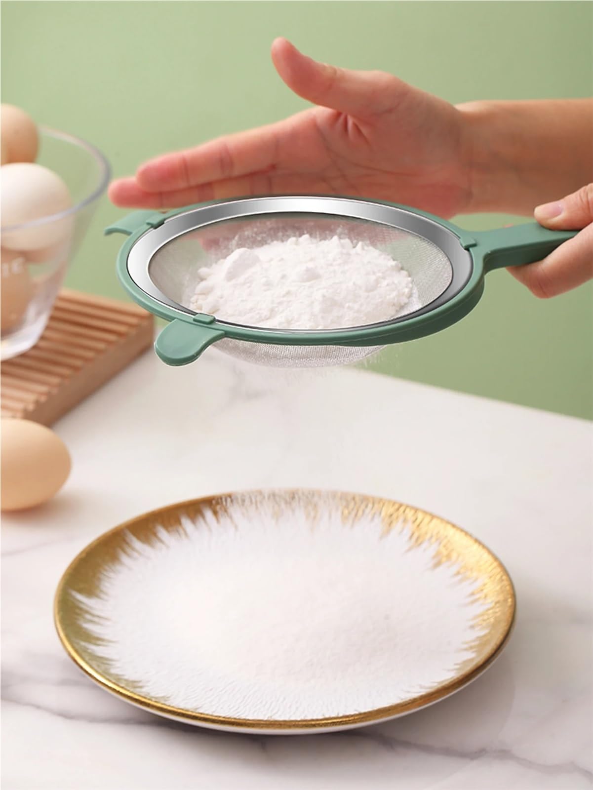 Mehlsieb-Set aus 304 Edelstahl, 2 Stück, Küchensieb mit Kunststoffgriff zum feinen Sieben von Mehl, Saft, Sojabohnenmilch, 11 cm, grünes Backwerkzeug