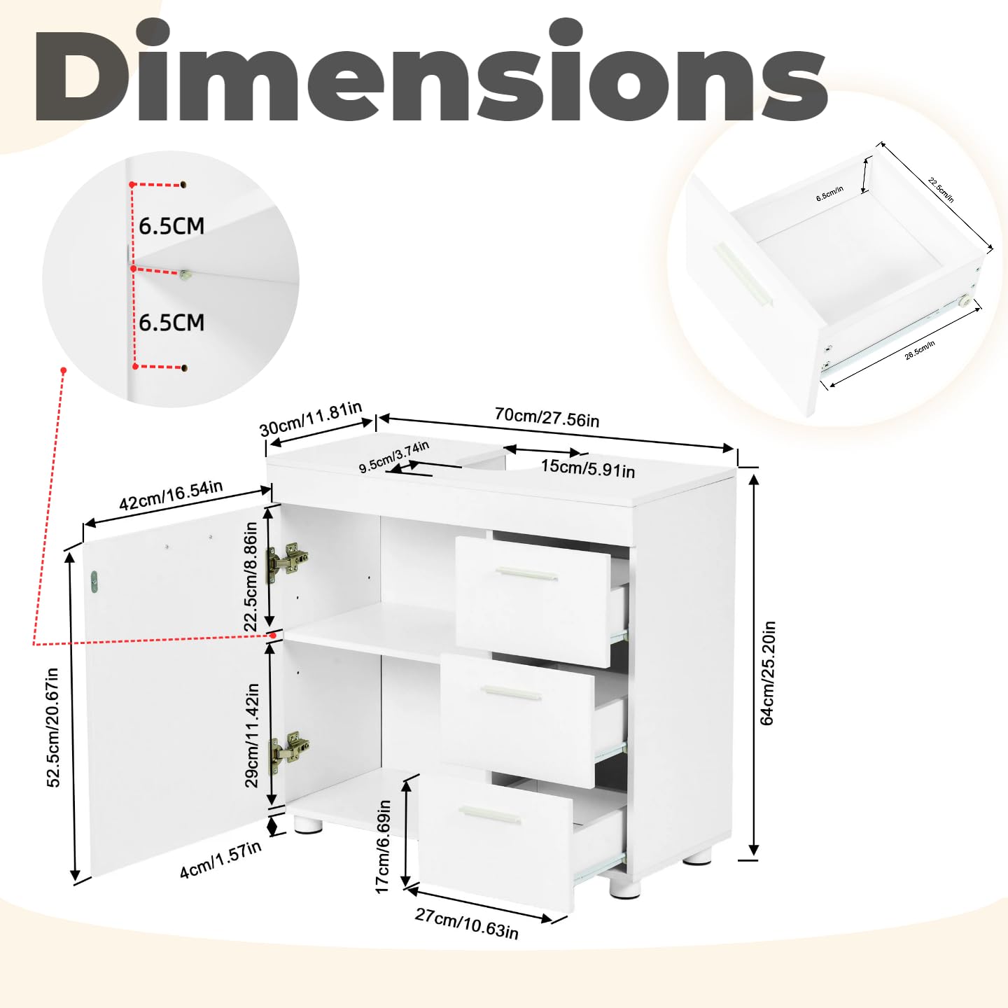 Mobile sottolavabo con 3 cassetti, 2 scomparti dietro la porta, piedi, mobiletto piccolo con ripiano regolabile, mobile da bagno, in legno, per bagno, cucina, bianco