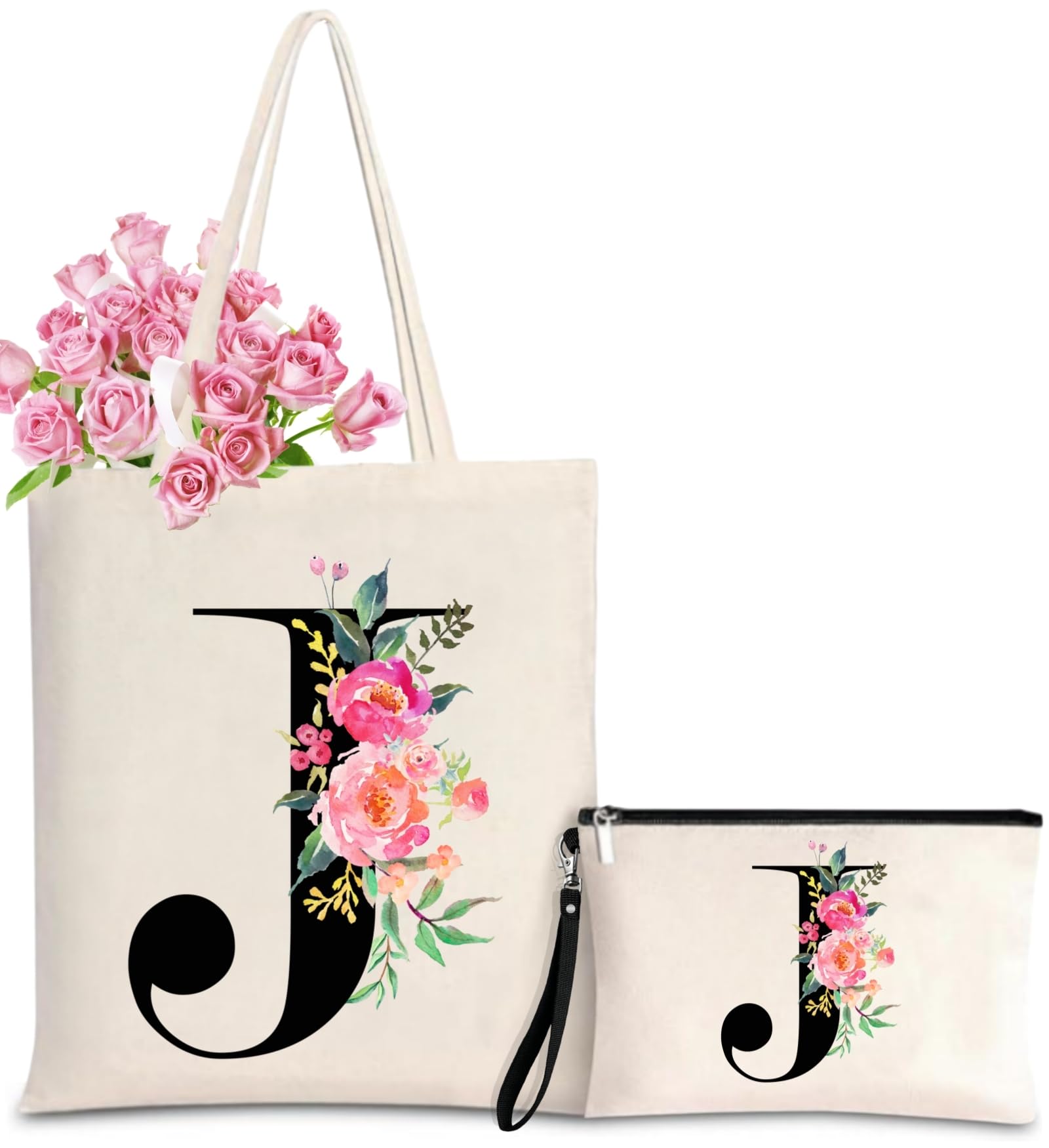 NioobagerInitial Canvas Tote Bag for Women, Personalized Monogrammed Tote Bags with Makeup Gift Bag for Wedding Bridesmaids Birthday