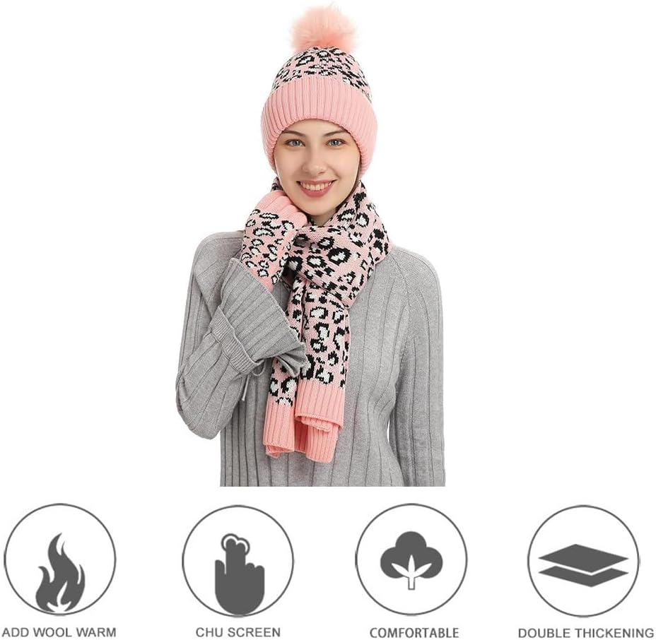 3 PCS Knitted Hat Set，Leopard Print Hat Scarf And Gloves Set For Women， Winter Hats, Scarves And Gloves