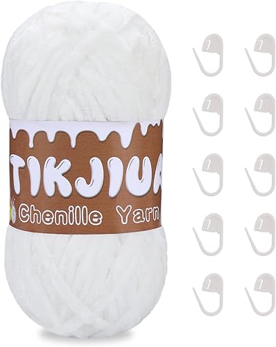 Hilo de felpilla blanco de 3.5 onzas para ganchillo, hilo grueso de felpilla con marcadores de costura, hilo de chenilla grueso para mantas,