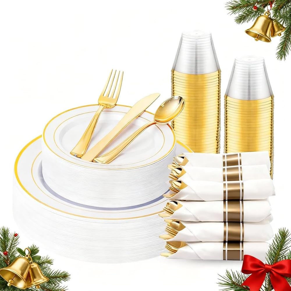 WDF Partyware 175PCS White and Gold Plastic Plates - Christmas Plates with Rolled Napkins for Party - 25Guest Disposable Dinnerware Sets for Party/Christmas/Wedding