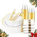 WDF Partyware 175PCS White and Gold Plastic Plates - Christmas Plates with Rolled Napkins for Party - 25Guest Disposable Dinnerware Sets for Party/Christmas/Wedding