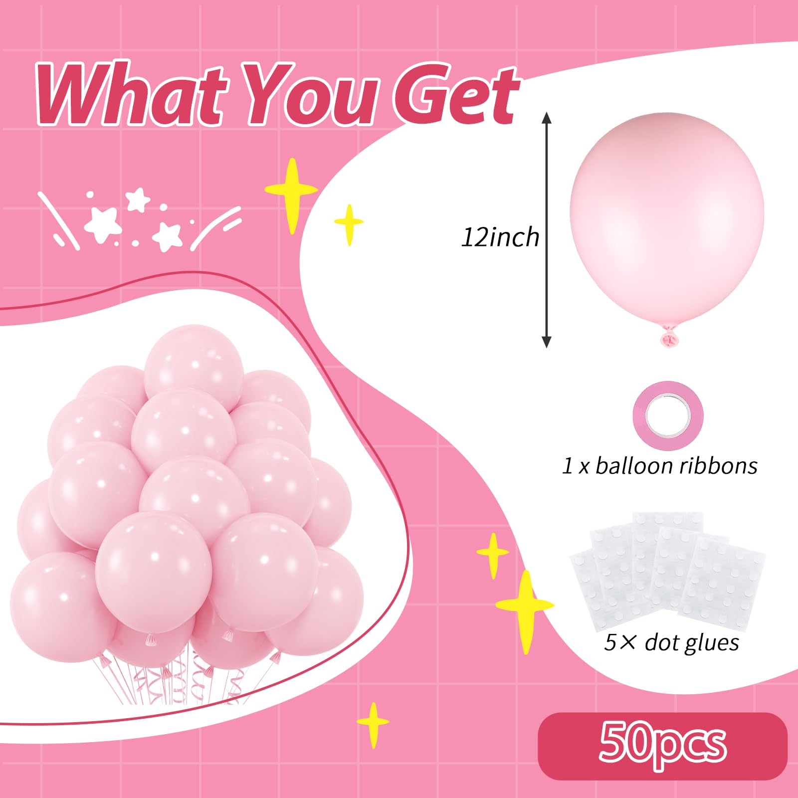 50pcs Pink Balloons, 12inch Light Pastel Pink Balloon for Birthday Party Baby Shower Wedding Anniversary Valentine’s Decoration (With Ribbon & Glue)