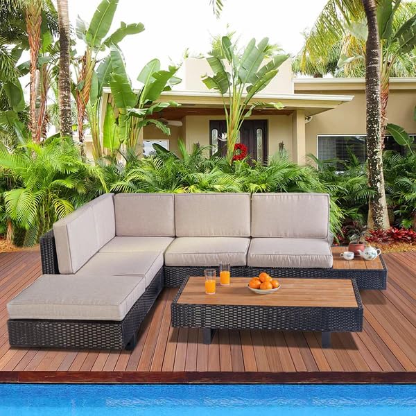 Image of DEVOKO 3 Pieces Patio Sectional Sofa All-Weather Outdoor Seating Sets with Wood Top Attach Side Table (Black and Cream)