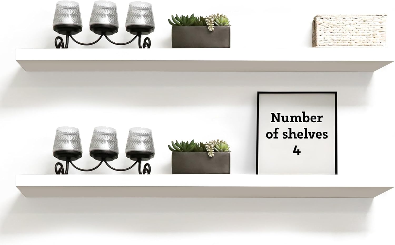 InPlace Shelving Low Profile Wall Shelf with Invisible Brackets, 7.75" D x 48" W x 1.25" H, Set of 4, White, 9604670E