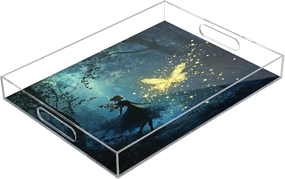 Acrylic Serving Tray with Handles Pretty Fairy and Glowing Butterfly Decorative Tray Organizer for Coffee Table Countertop