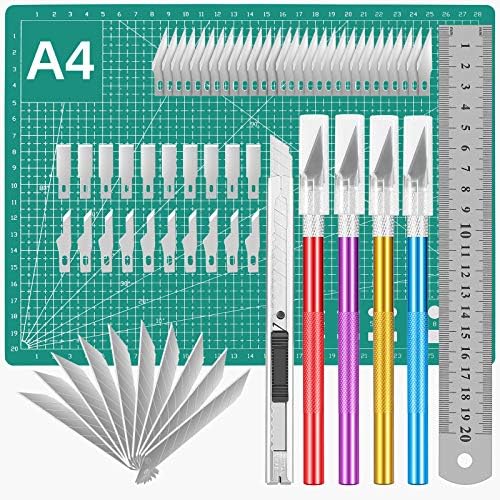 Craft Carving Knife Kit, Set of Hobby Carve Knives with A4 Cutting Mat, Ruler, Cutter, Replacement Blades, Precision Tools for Deburring, Chiseling | Engraving Fruit, Art, Scrapbooking, Stencil
