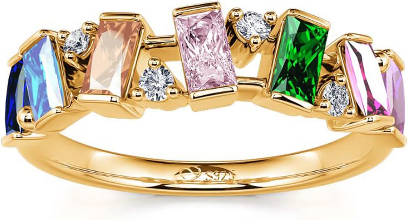 Jeulia Gemstone Eternity Ring Sterling Silver Multi-Colored Bands Emerald Cut Anniversary Wedding Jewelry For Women Cubic Zirconia Rainbow Engagement Birthstone Promise Band with Gift Box