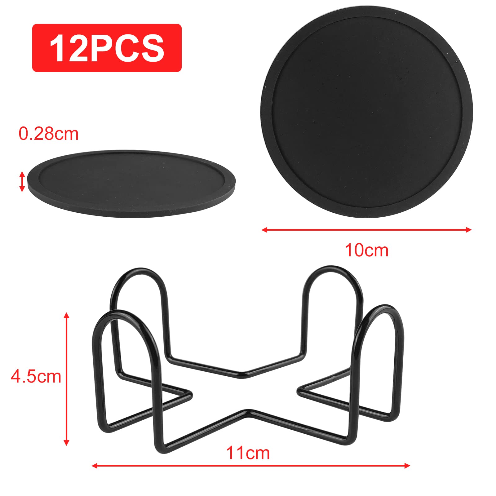 12 Sottobicchieri In Silicone A Forma Di Vinile - Con Supporto Metallico, Nero
