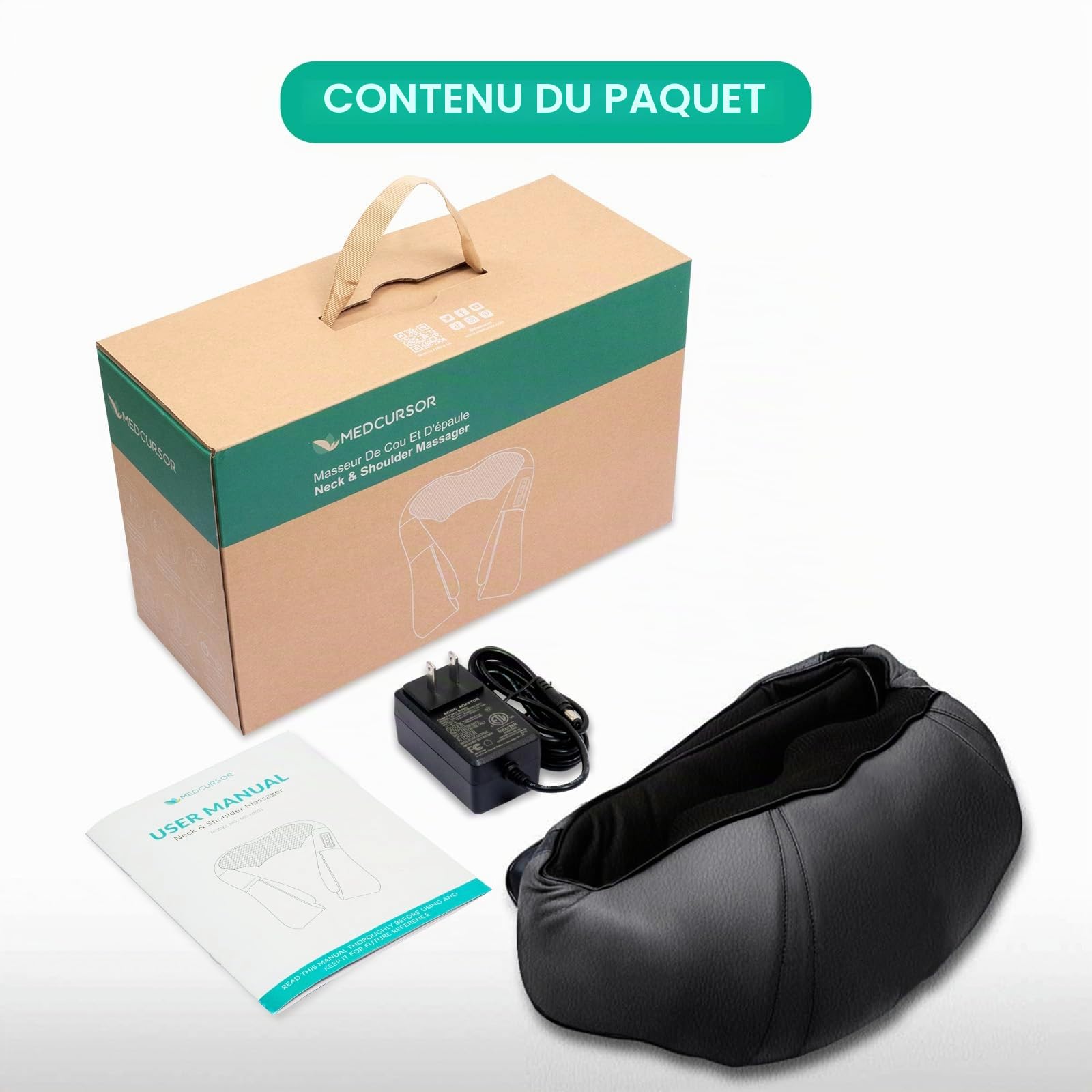 Medcursor Coussin de Massage du Cou avec Chaleur, Masseur Shiatsu pour Tissu Profonde, Coussin de Massage 3D pour Épaules et Dos avec Pétrissage pour Soulagement de la Douleur, Convient pour la Maison