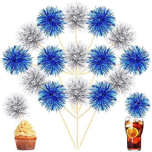 100 Pcs Firework Cupcake Topper Graduation Cupcake Toppers Foil Frill Toothpicks Tinsel Toothpicks Holiday Graduation Independence Day New Year Party Celebrations Decorations (Silver, Blue) #TOP10