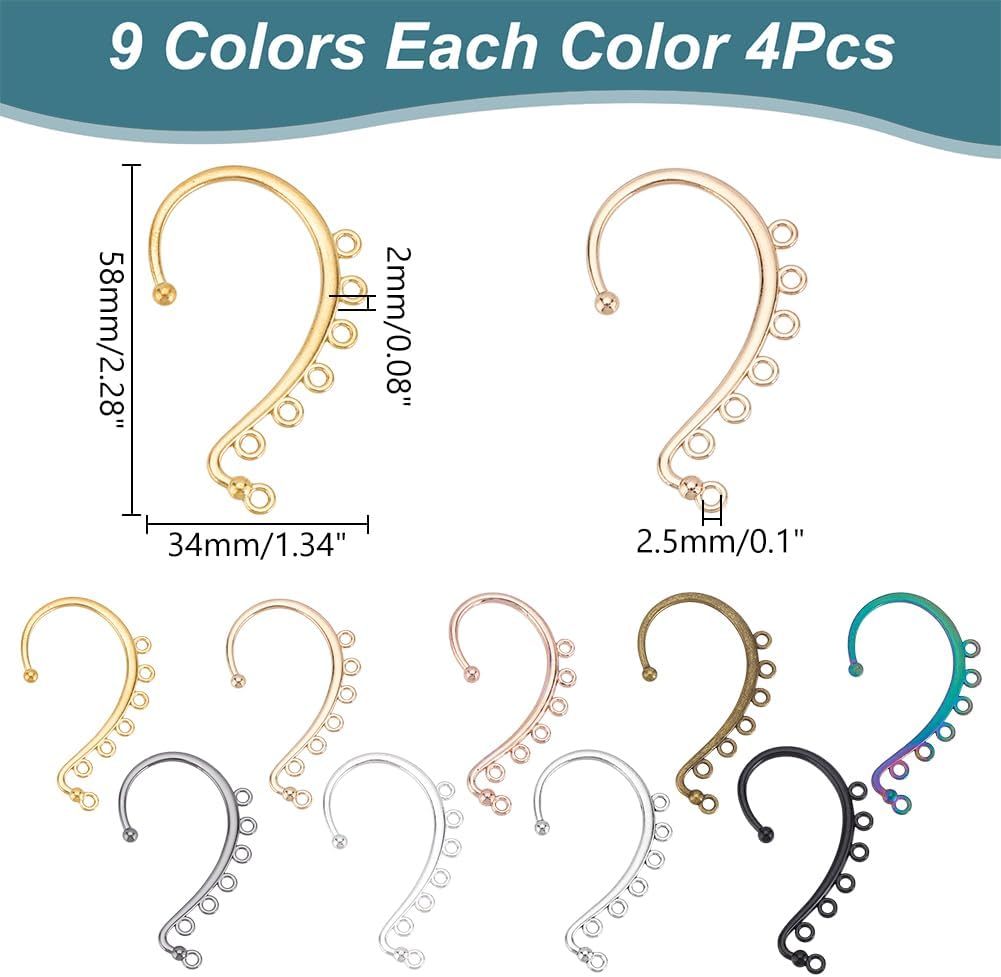 WADORN 36Pcs DIY Ear Cuffs Earrings Wraps 9 Colors Non Piercing Clip 7 Holes Ear Wrap Earring Hooks for Women Jewelry Tassel Drop Making Accessories Dangle Earrings Crafts Supplies (2.28x1.34inches)