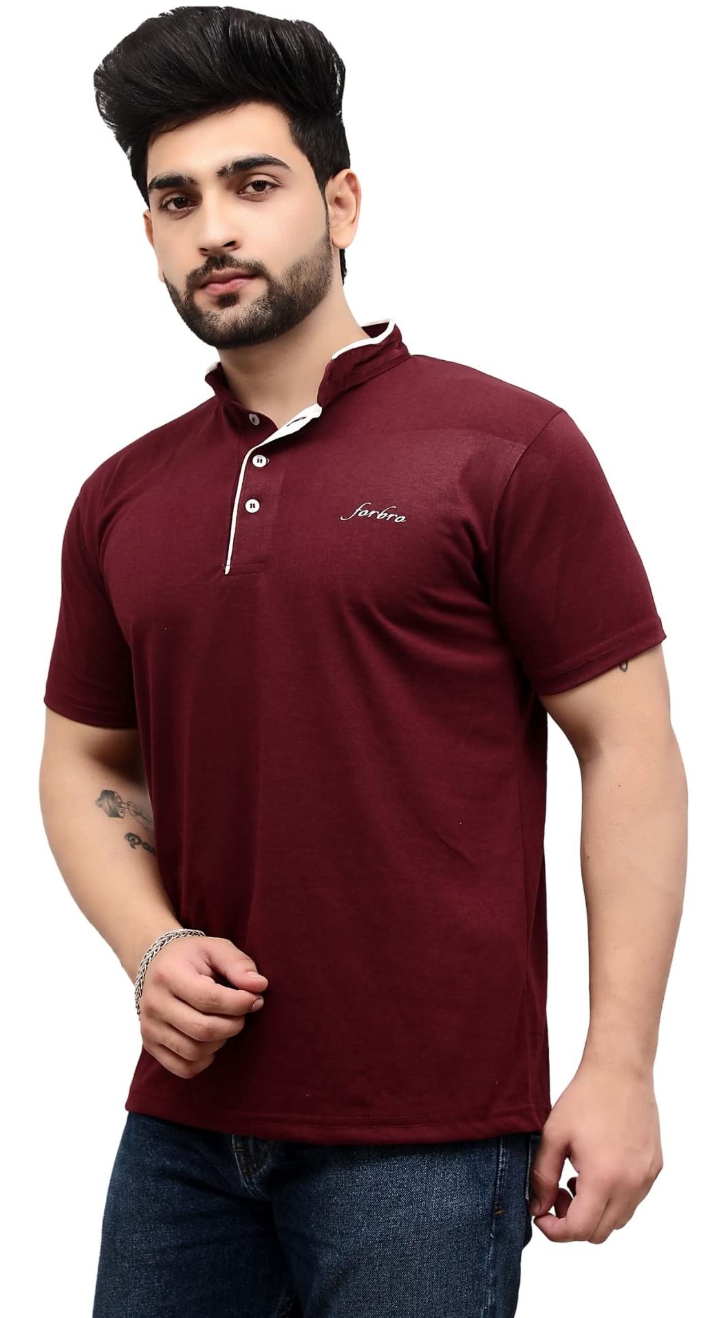 forbro Half Sleeve Mandarian Collar Regular fit Cotton Blend Tshirt for Men |Half Sleeve Cotton Tshirt for Men-picture-43