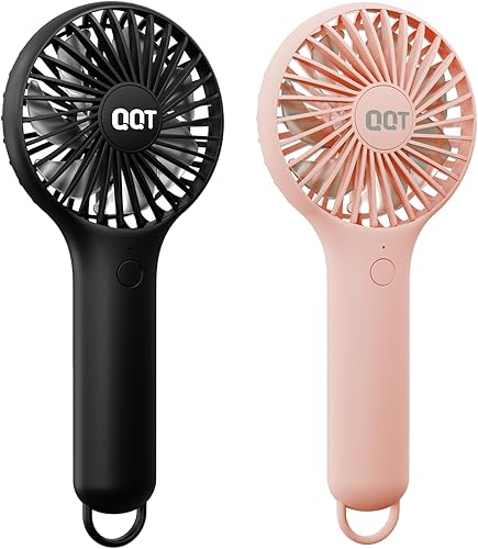 QQT Mini ventilador de mano, enfriador personal pequeño con 3 velocidades, funciona con pilas, secadora de pestañas de maquillaje recargable por