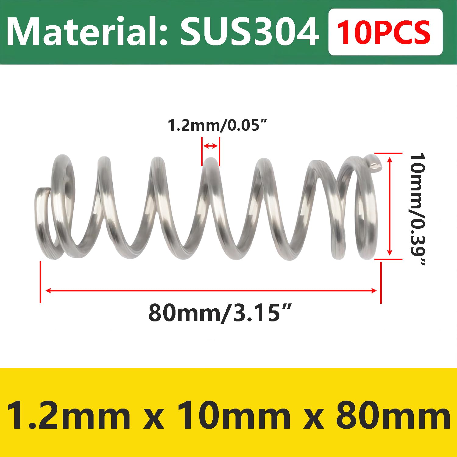 Qrity 10Pcs Stainless Steel Springs, Compression Springs, Wire Diameter 1.2mm, 10mm OD, 80mm Free Length, Springs for Shop and Home Repair — Amazon image 2