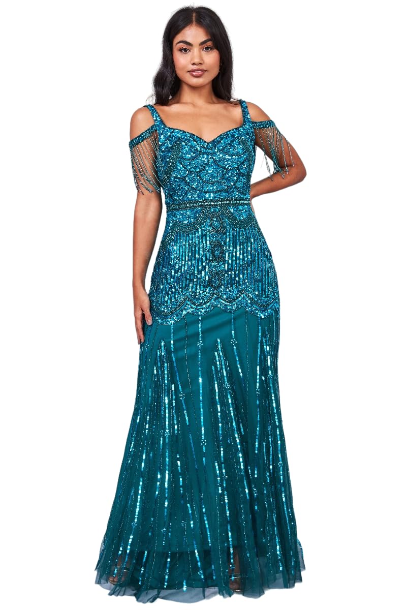 Chloe Maxi Teal Bridesmaids Wedding Guest 1920s Vintage Inspired Great Gatsby Art Deco Charleston Swing Fringe Bridesmaids Dress Bohemian