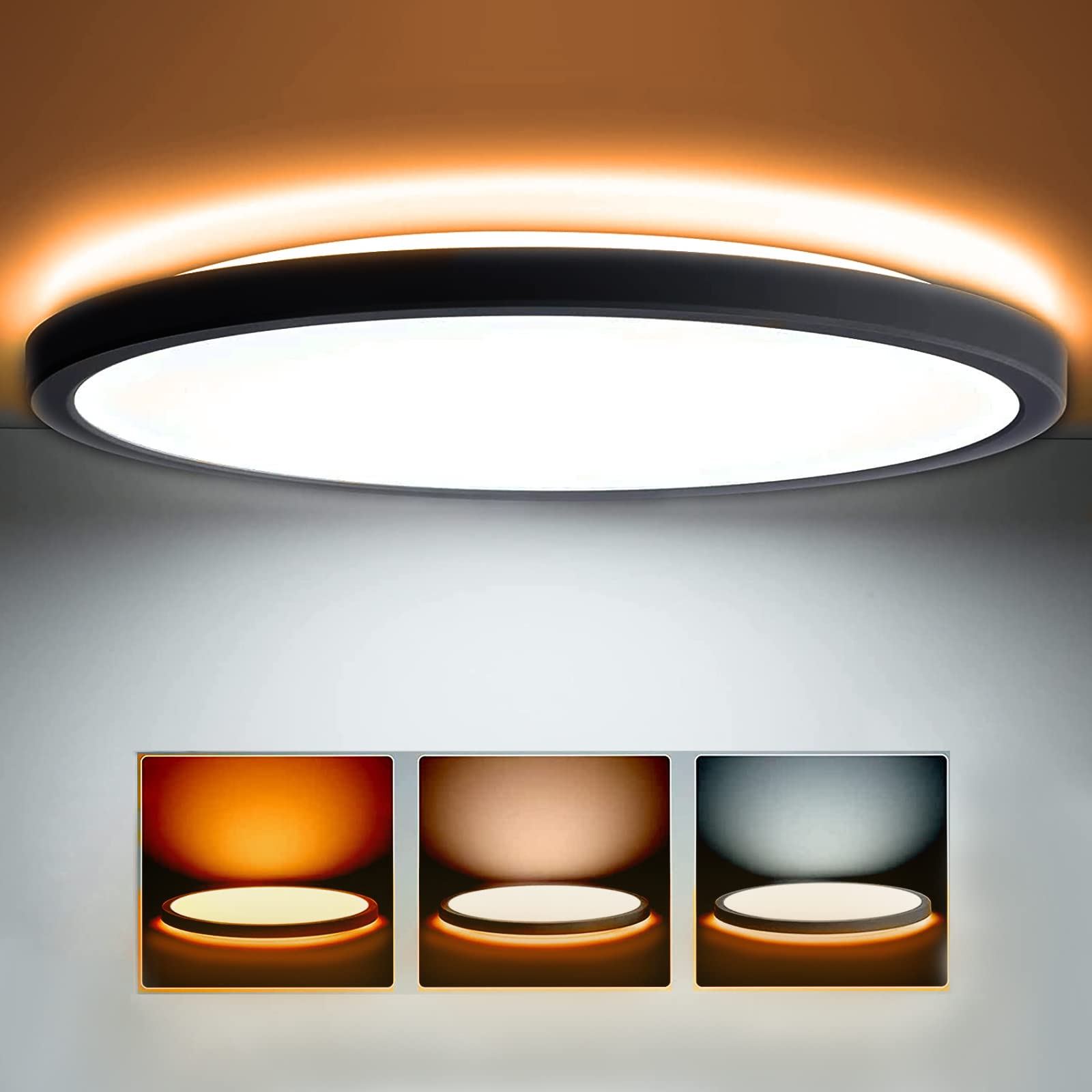 NOVELUXLED Flush Mount Ceiling Light with Back Atmosphere Light 3 Color Temperatures in 1, 12 Inch 25W 2400lm Dimmable Slim Round Modern Ceiling Lights for Kitchen Bedroom Living Room