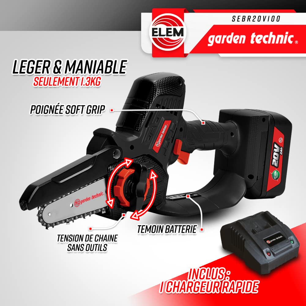 Tronçonneuse portative rechargeable 20V - Livrée avec batterie et chargeur - Elem Garden