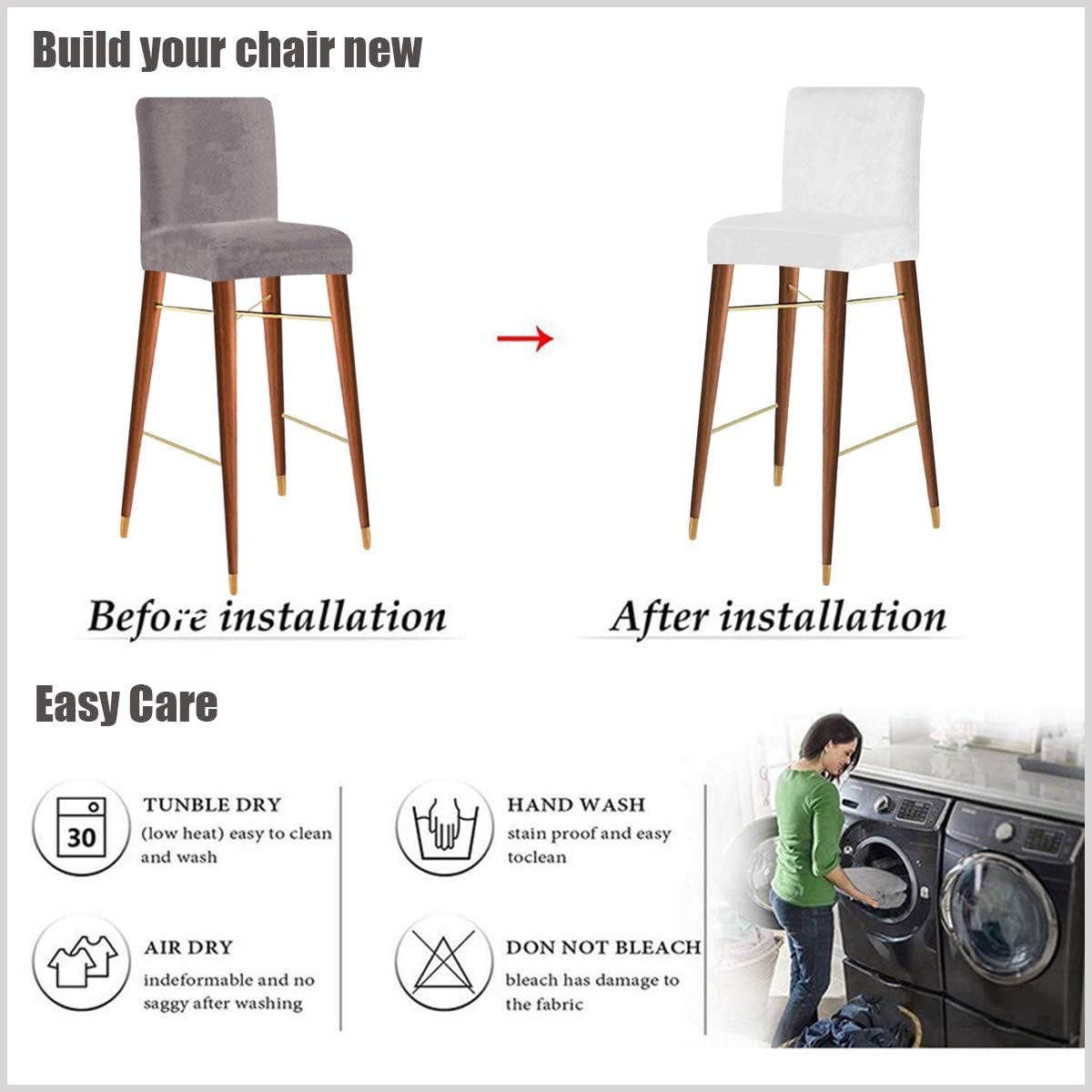 Velvet Bar Stool Chair Covers with Backrest,Elastic Seat Home Soft Chair Slipcover Chair Protector for Kitchen Breakfast Counter Chairs Bar Stools (White,Set of 4)