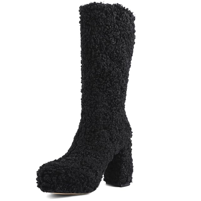 Mid Calf Furry Boots for Women Platform Boots with Chunky High Heel Warm Side Zipper Winter Boots Fashion