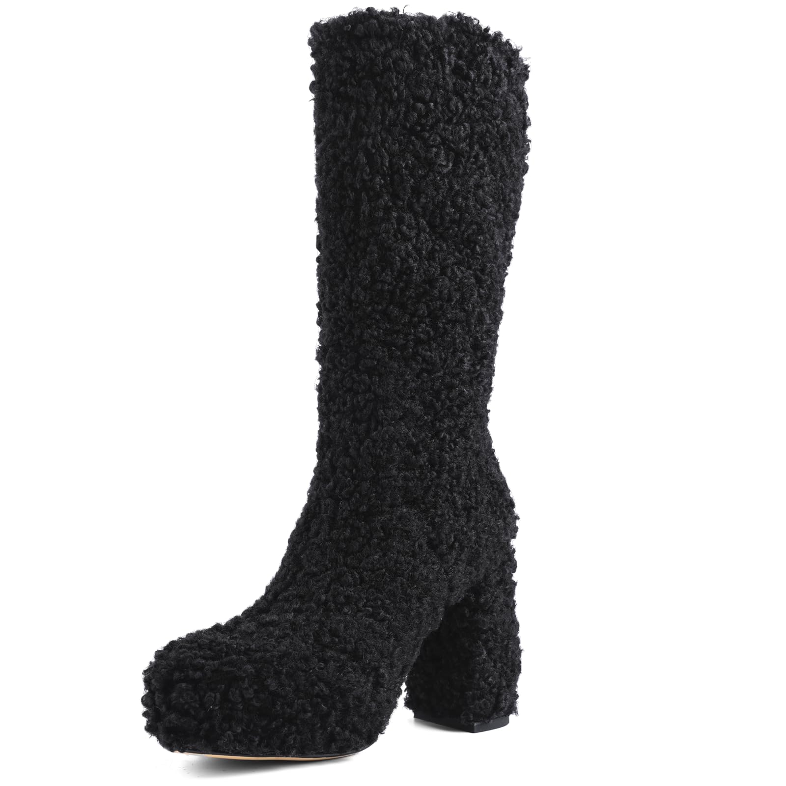 Mid Calf Furry Boots for Women Platform Boots with Chunky High Heel Warm Side Zipper Winter Boots Fashion