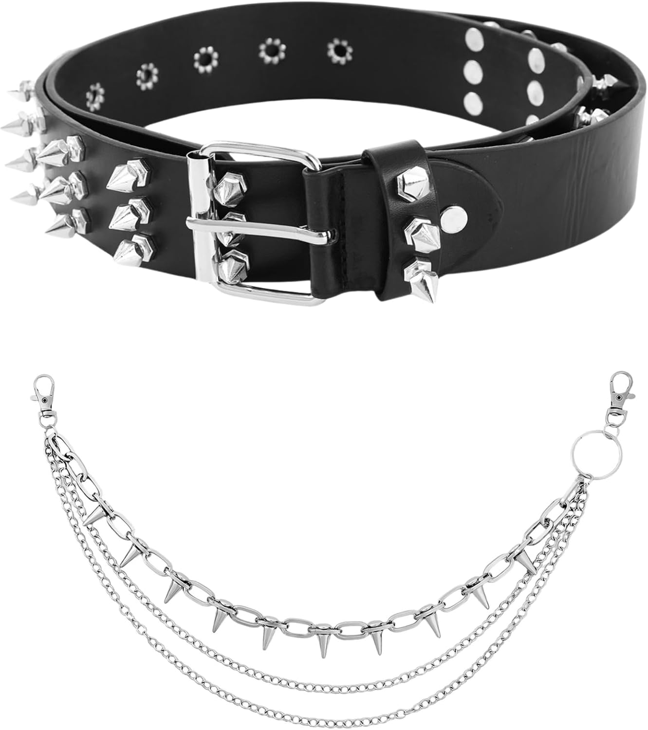 Punk Belt with Pants Chain - 2Pcs Grunge Accessories for Women Men, Aesthetic Metal Gothic Rock Belt Set for Jean