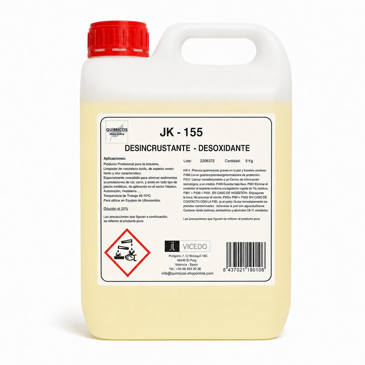 JK-155 Desoxidante Desincrustante Concentrado 5 kg para Ultrasonidos, Inmersión y Limpieza Técnica, Elimina Cal, Óxido y Depósitos Calcáreos en Superficies Metálicas