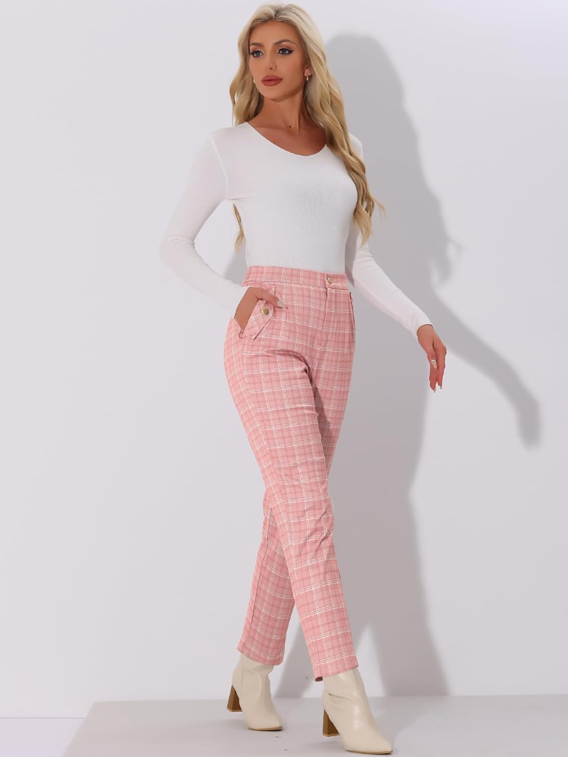 Allegra K Women's Vintage Tartan Plaid Pants Elastic Waist Straight Long Trousers - Image 2