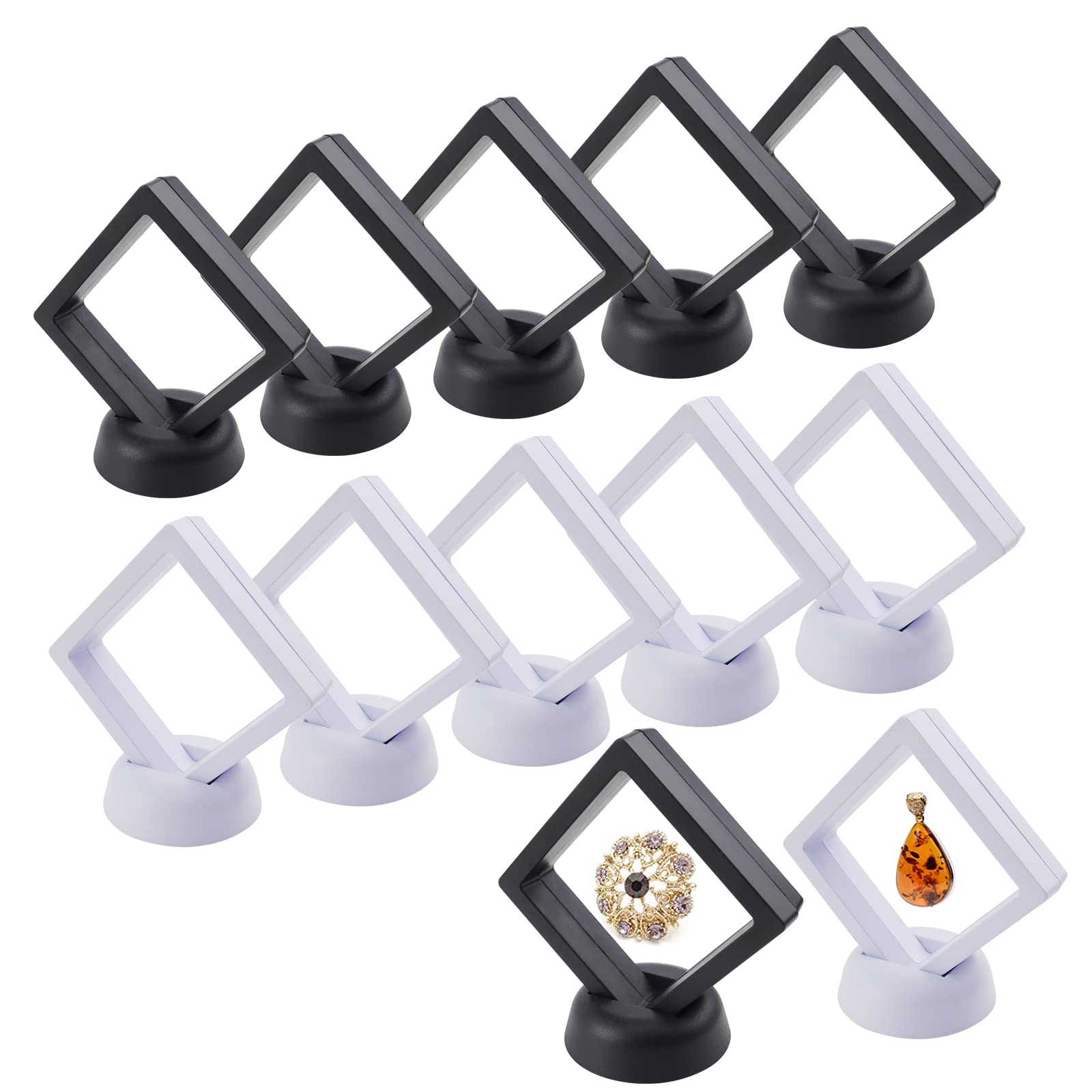 12 sztuk Floating Frame Display 3D, ramki na monety z podstawowym wyświetlaczem na biżuterię, kolczyki, pierścionki, medaliony, kamienie (czarny, biały)
