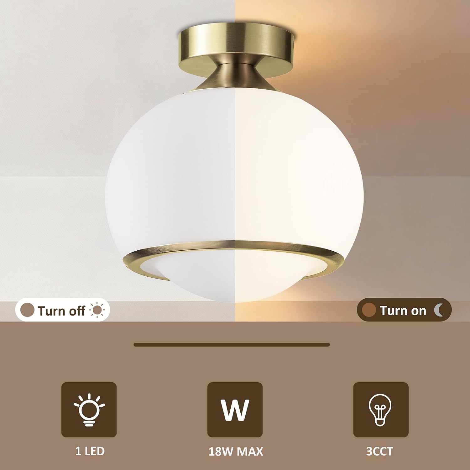 Maxax 14'' LED Brass Ceiling Light Fixture, Modern Small Flush Mount Chandelier, Opal Glass Shade, for Entryway, Hallway, Kitchen, Dining Room, Bedroom, 14W