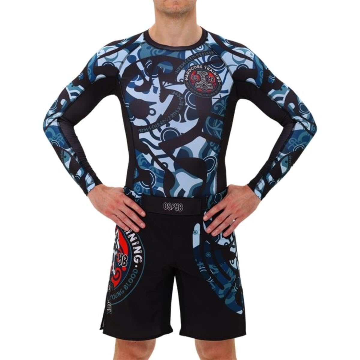 Hardcore Training Rash Guard Mężczyźni Kompresja Koszulka Długi Rękaw BJJ MMA No-Gi Obcisła Grappling Boks (DE/NL/SE/PL, Alfa, L, Regularny, Regularny, Light Blue/Blue)