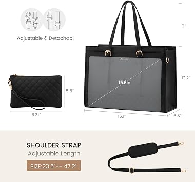 LOVEVOOK Women's 15.6 inch Laptop Tote, Waterproof PU Leather Computer Work Bag, Large Capacity Business Office Tote Black