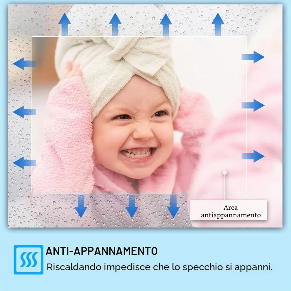 MIQU Specchio da bagno a LED con illuminazione, 100 x 70 cm, specchio 1000 x 700 mm grande con presa di corrente, orologio, Bluetooth, Touch, dimmerabile caldo/bianco senza appannamento, ingrandimento