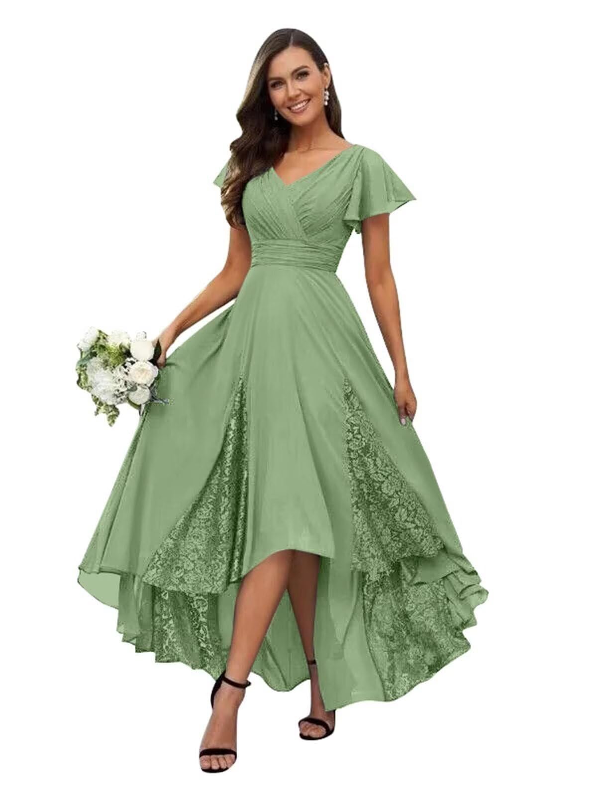 Womens Lace Tea Length Mother of The Bride Dresses Short Sleeve Wedding Guest Dress Formal Evening Ball Gown HQ-ABC905
