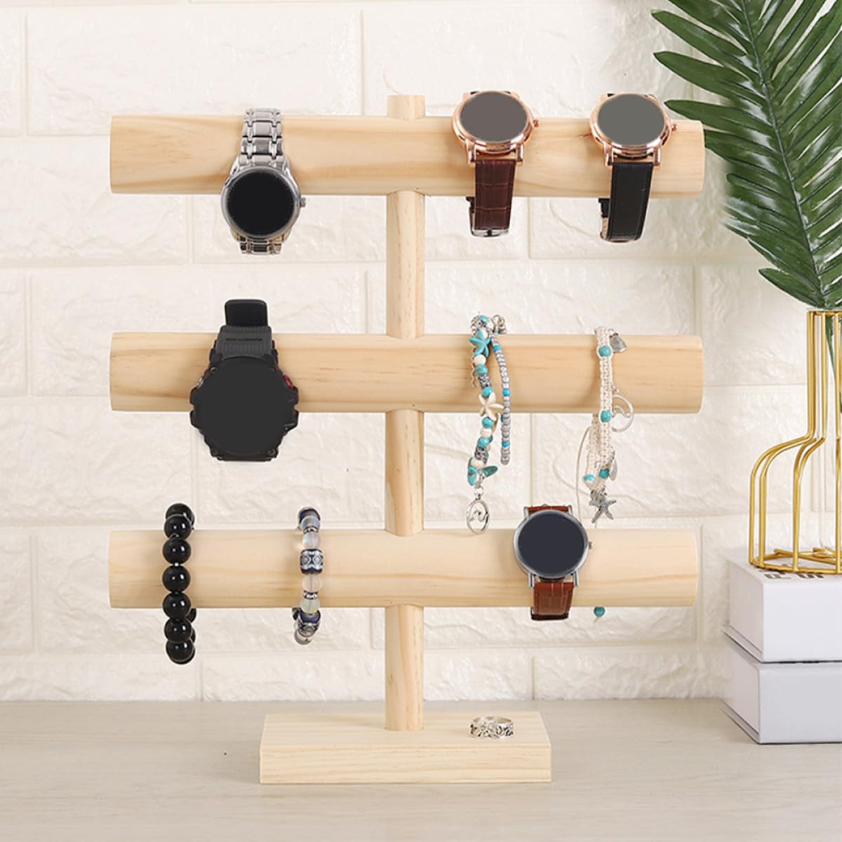Artibetter Support de Montre en Bois Naturel à 3 Niveaux pour Organiser Bracelets et Colliers, Design Élégant et Pratique pour Maison ou Boutique de Montres